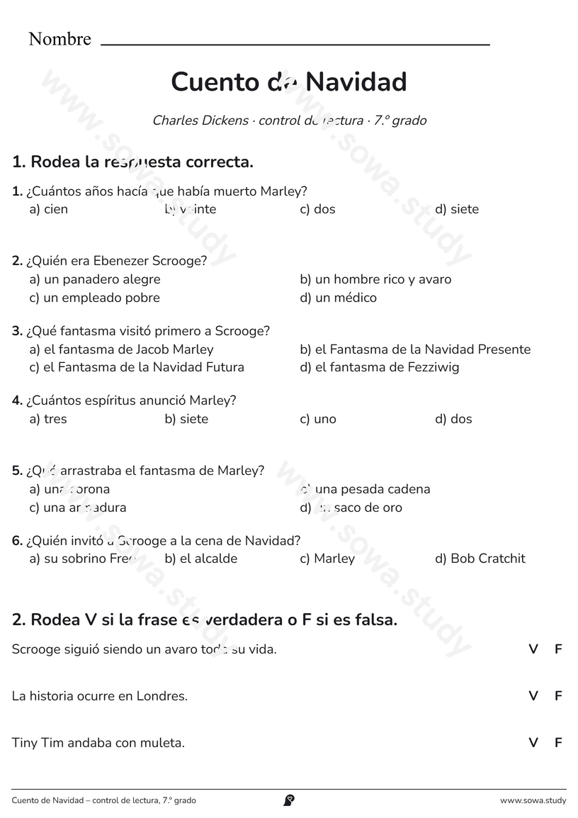 Cuento de Navidad – control de lectura, 7.º grado – ficha para imprimir