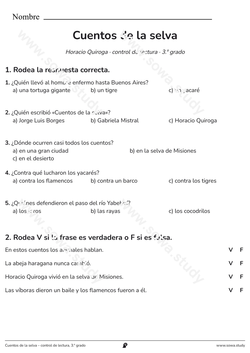 Cuentos de la selva – control de lectura, 3.º grado – ficha para imprimir