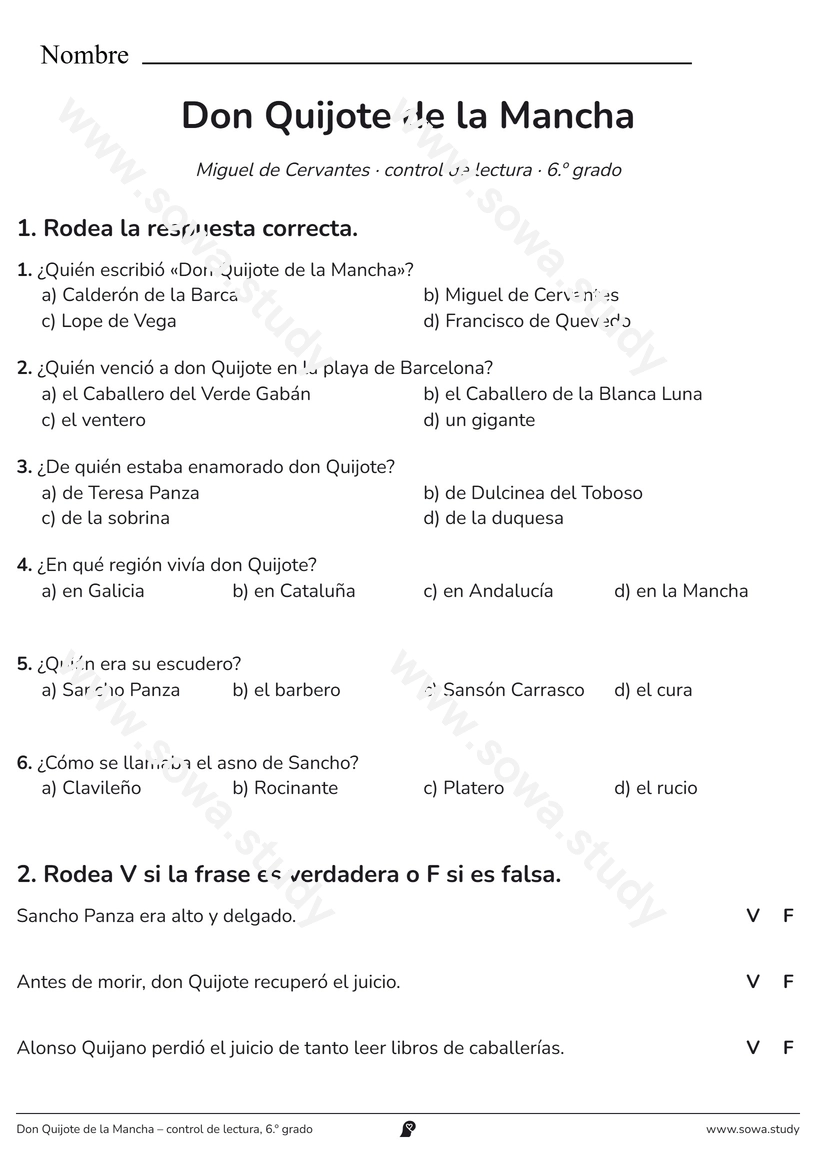 Don Quijote de la Mancha – control de lectura, 6.º grado – ficha para imprimir