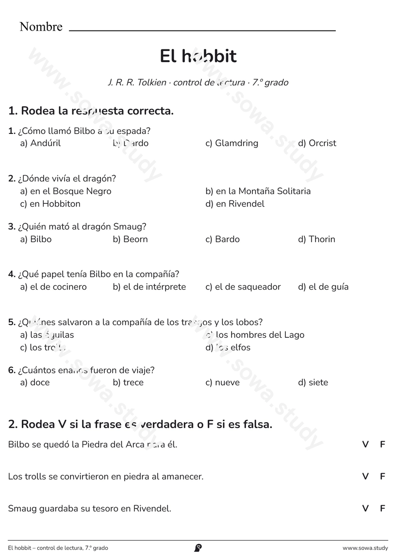 El hobbit – control de lectura, 7.º grado – ficha para imprimir