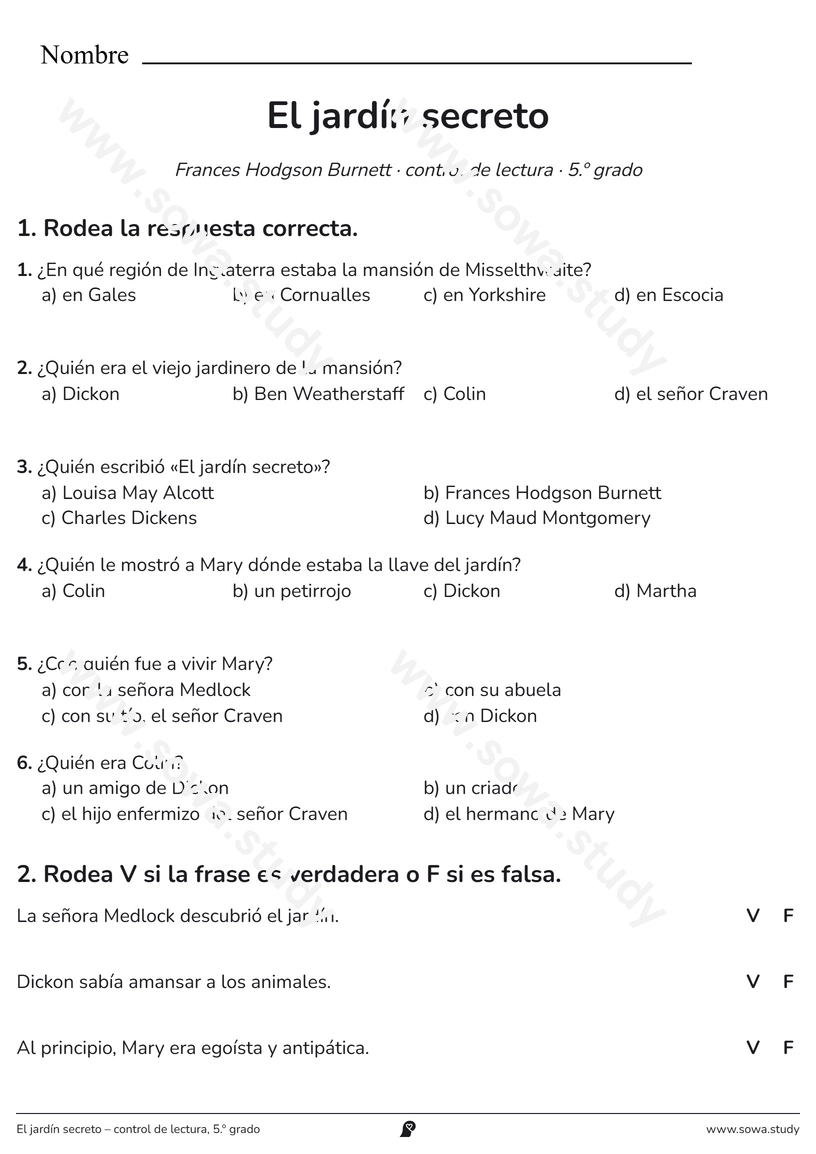 El jardín secreto – control de lectura, 5.º grado – ficha para imprimir