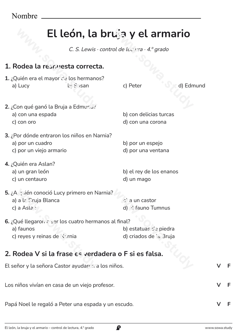 El león, la bruja y el armario – control de lectura, 4.º grado – ficha para imprimir