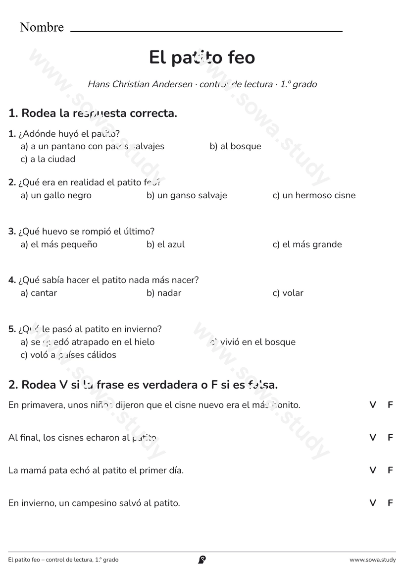 El patito feo – control de lectura, 1.º grado – ficha para imprimir