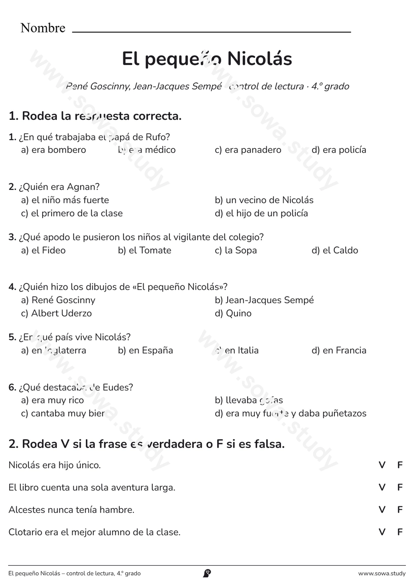 El pequeño Nicolás – control de lectura, 4.º grado – ficha para imprimir