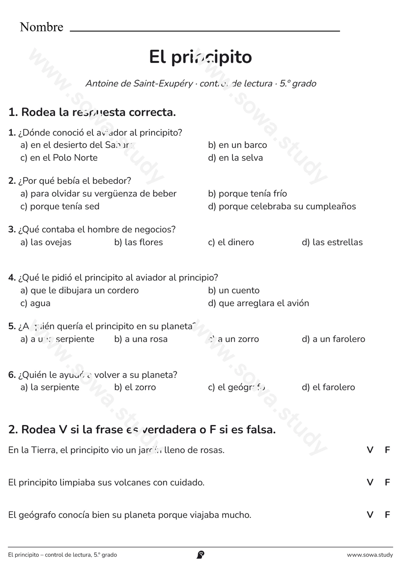 El principito – control de lectura, 5.º grado – ficha para imprimir