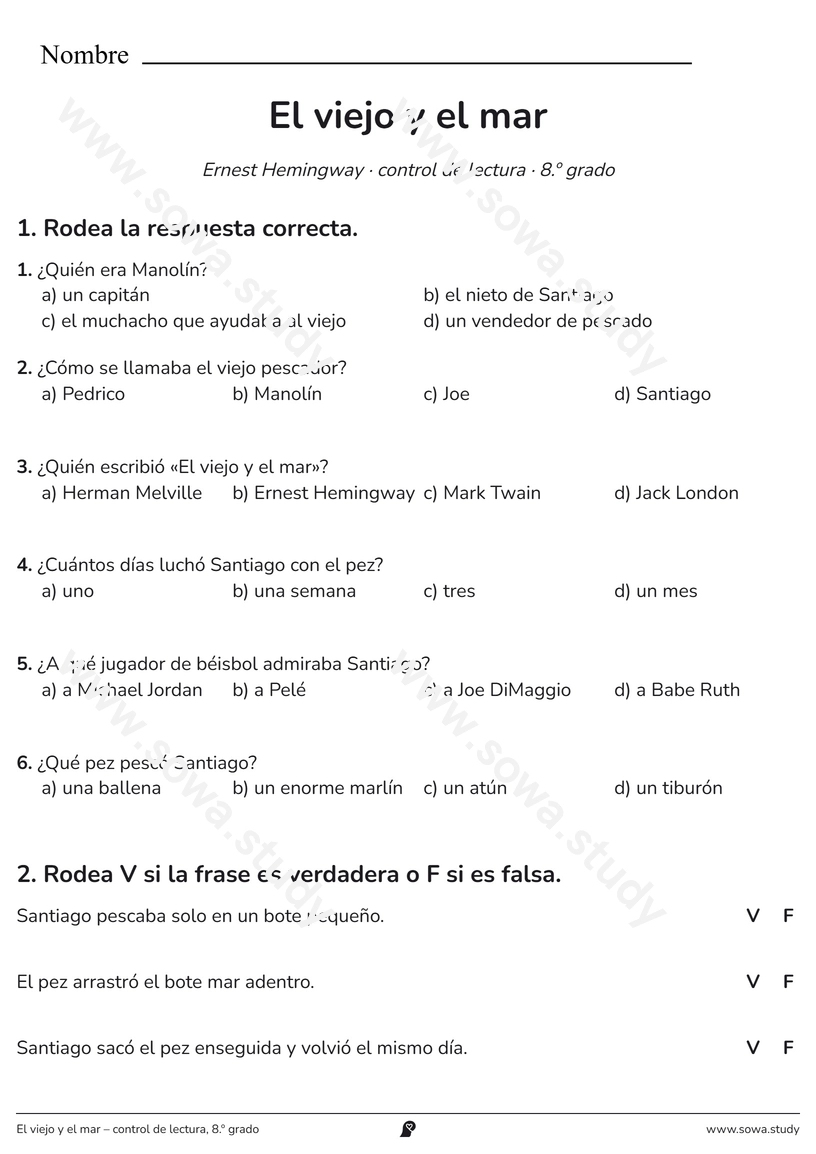 El viejo y el mar – control de lectura, 8.º grado – ficha para imprimir