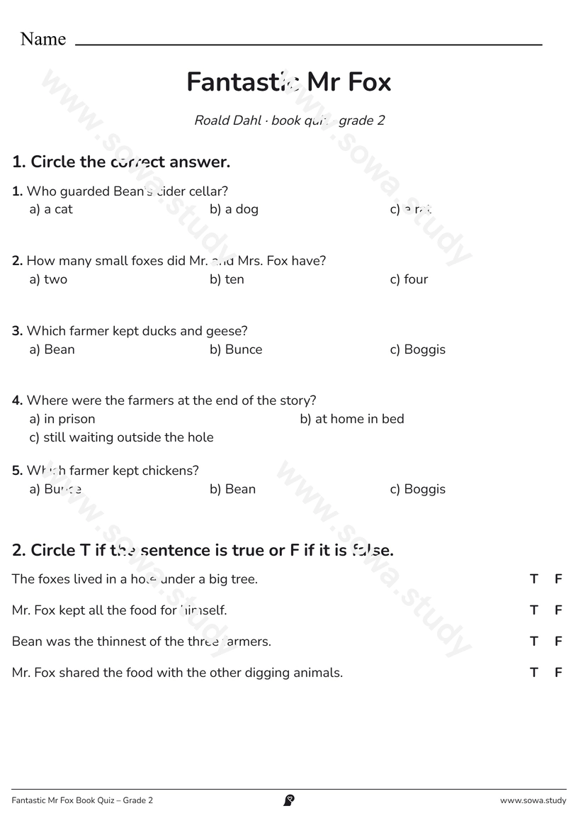Fantastic Mr Fox Book Quiz – Grade 2 – printable worksheet