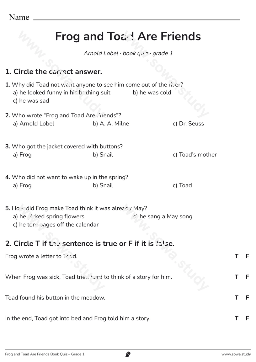 Frog and Toad Are Friends Book Quiz – Grade 1 – printable worksheet