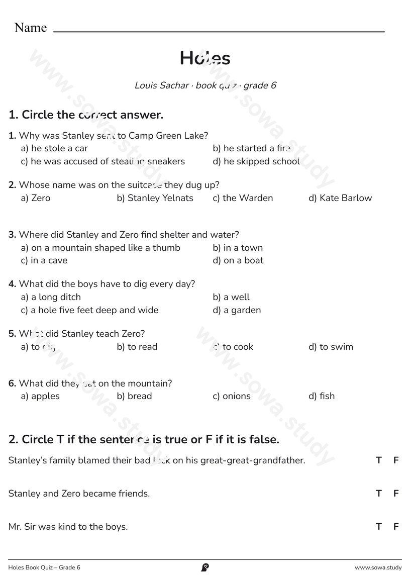Holes Book Quiz – Grade 6 – printable worksheet