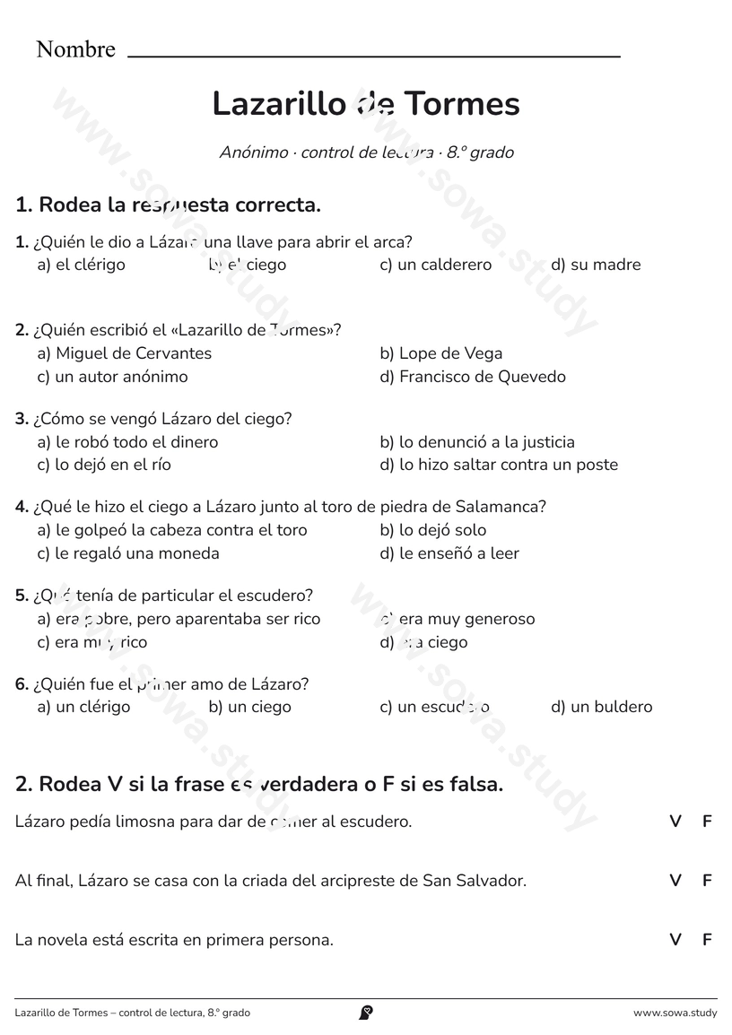 Lazarillo de Tormes – control de lectura, 8.º grado – ficha para imprimir