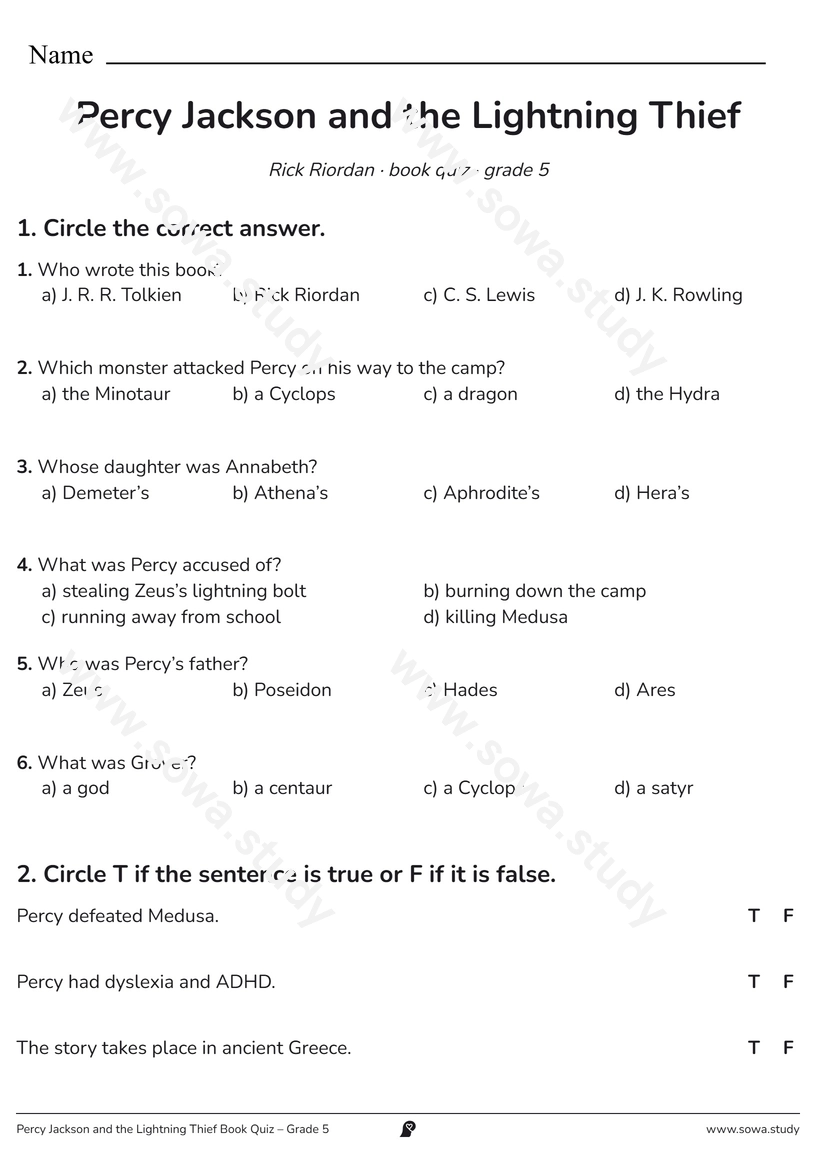 Percy Jackson and the Lightning Thief Book Quiz – Grade 5 – printable worksheet
