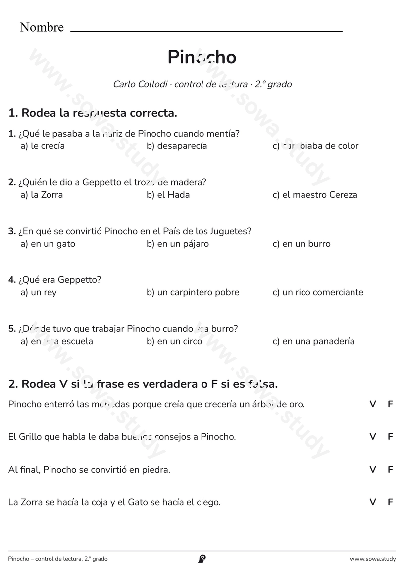 Pinocho – control de lectura, 2.º grado – ficha para imprimir