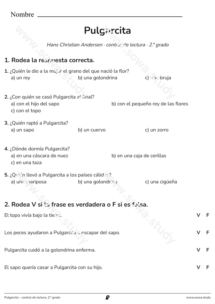 Pulgarcita – control de lectura, 2.º grado – ficha para imprimir