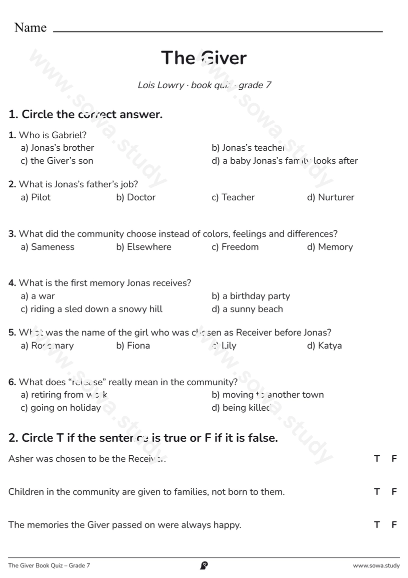 The Giver Book Quiz – Grade 7 – printable worksheet