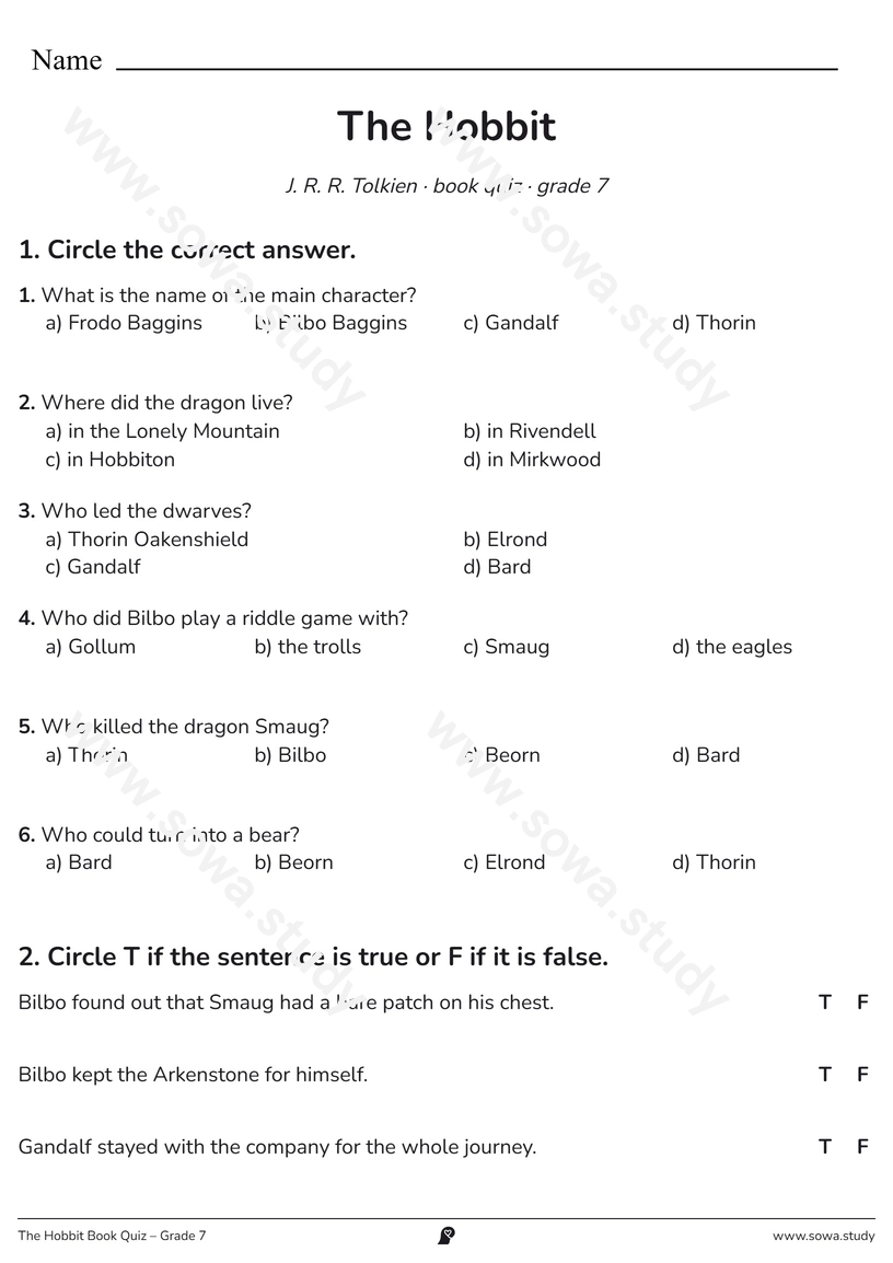 The Hobbit Book Quiz – Grade 7 – printable worksheet
