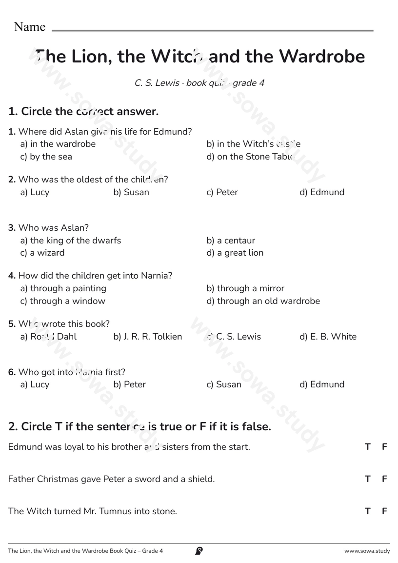 The Lion, the Witch and the Wardrobe Book Quiz – Grade 4 – printable worksheet