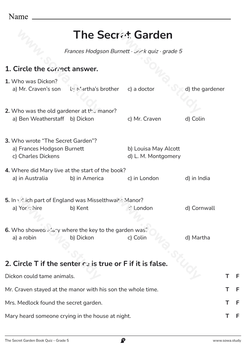 The Secret Garden Book Quiz – Grade 5 – printable worksheet