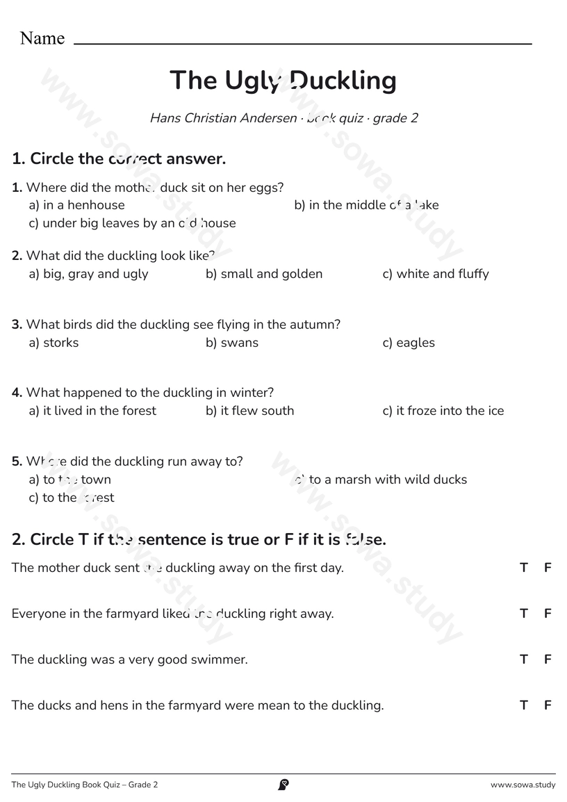 The Ugly Duckling Book Quiz – Grade 2 – printable worksheet