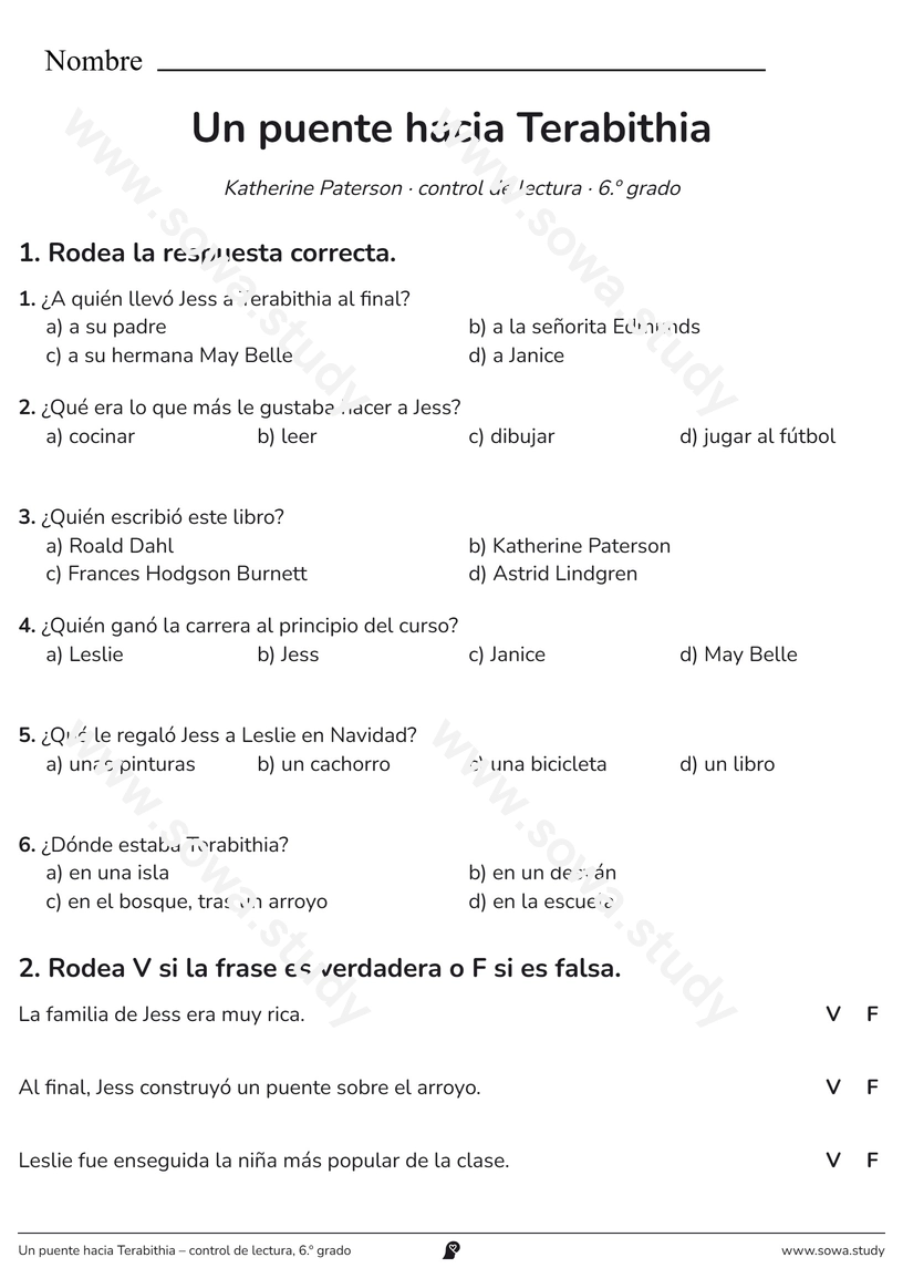 Un puente hacia Terabithia – control de lectura, 6.º grado – ficha para imprimir