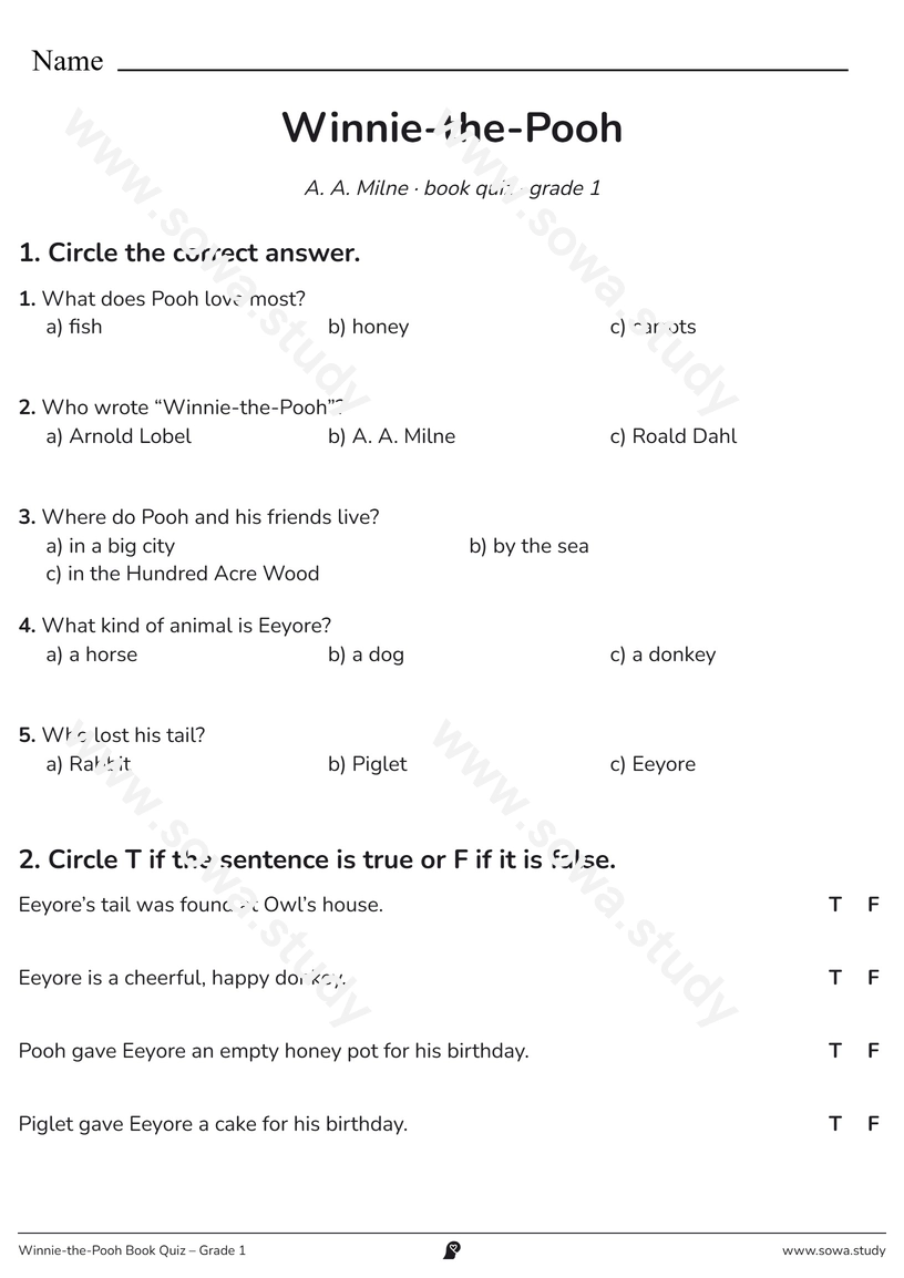 Winnie-the-Pooh Book Quiz – Grade 1 – printable worksheet