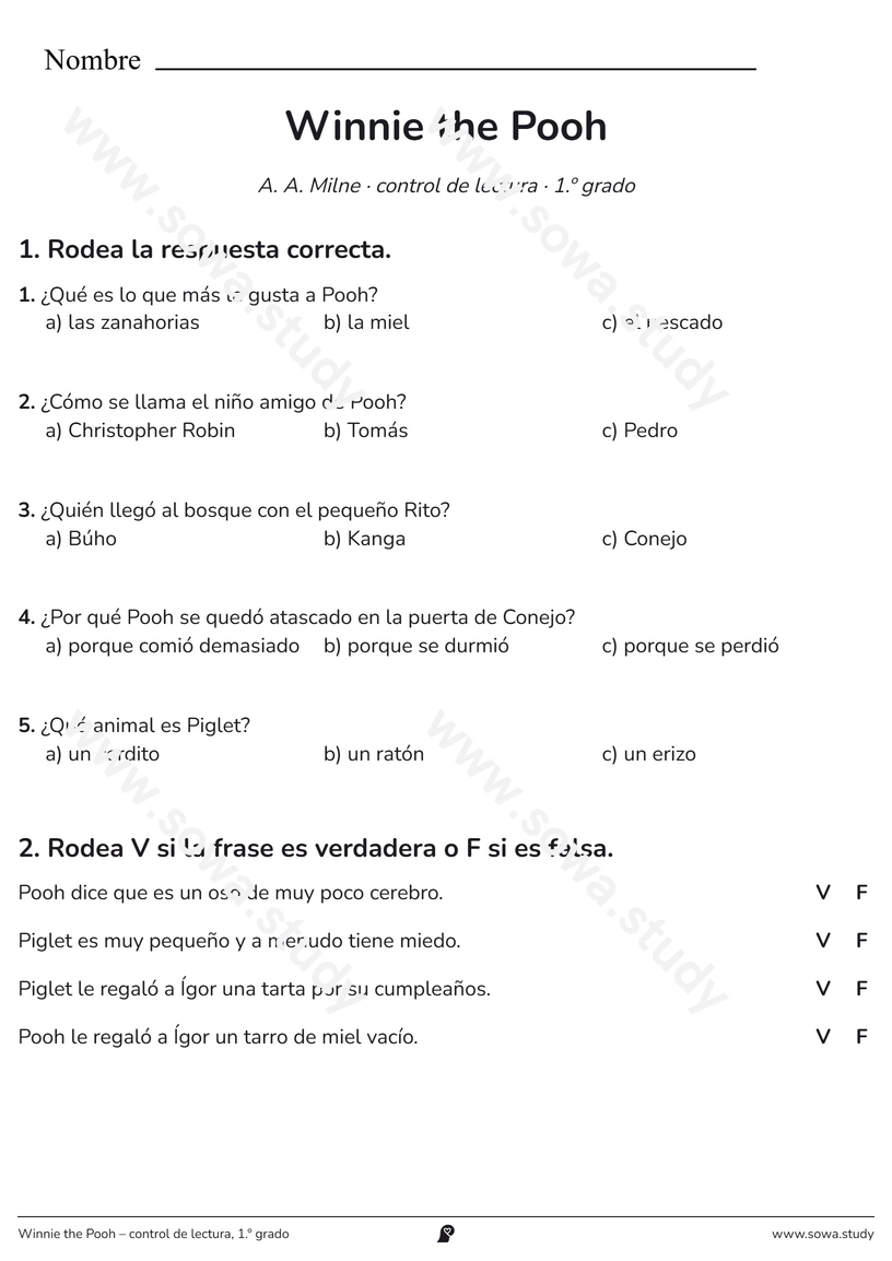 Winnie the Pooh – control de lectura, 1.º grado – ficha para imprimir